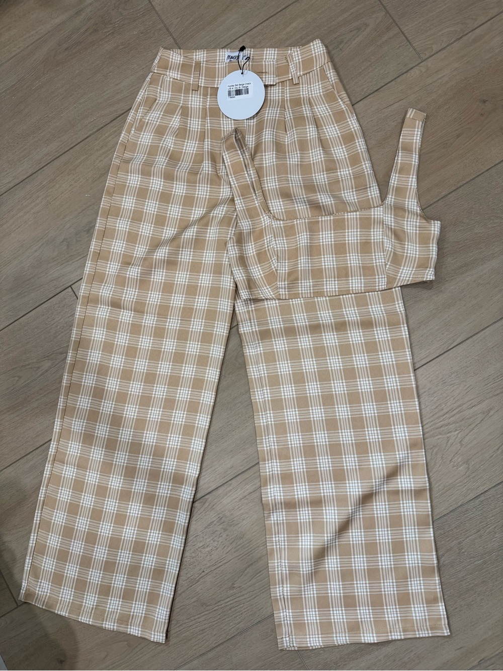 Princess Polly Beige & White Plaid Wide Leg Pants